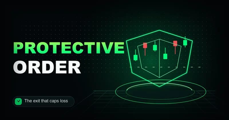 Neon shield over a candlestick chart with a stop line beside a PROTECTIVE ORDER headline