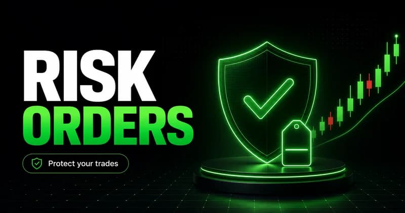 Neon green shield with checkmark over a rising candlestick chart, titled Risk Orders, Protect your trades
