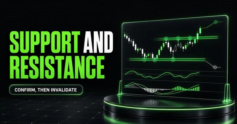 Support and resistance trading cover with RSI, MACD, chart levels, and a confirmed bullish reversal