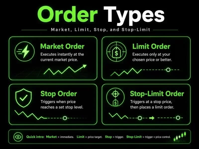 Order types trading infographic showing market, limit, stop, and stop-limit orders with simple price chart examples for beginner traders.