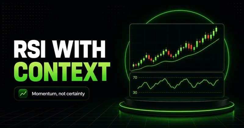 Neon price chart with an RSI sub-panel between the 30 and 70 bands beside an RSI WITH CONTEXT headline