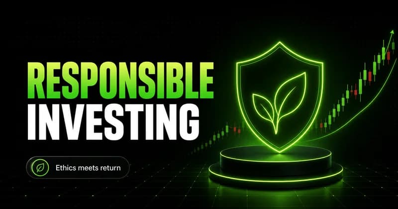 Neon shield with a leaf beside a RESPONSIBLE INVESTING headline