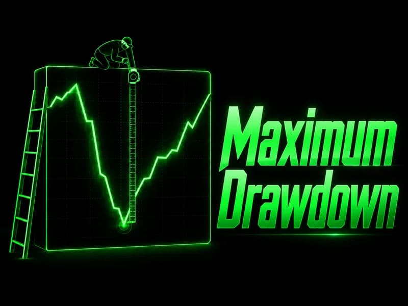 Financial trading screen with charts illustrating maximum drawdown in account equity
