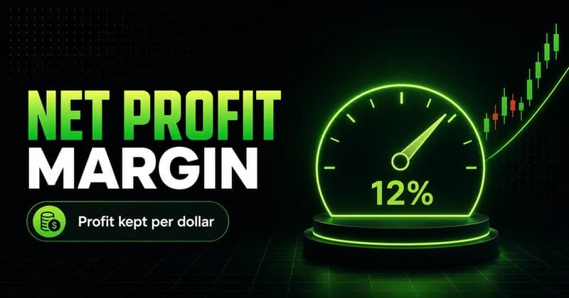 Neon percentage gauge reading 12% beside a NET PROFIT MARGIN headline
