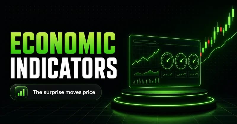 Neon economic data dashboard with gauges beside an ECONOMIC INDICATORS headline