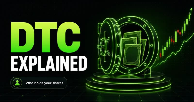Neon vault holding share certificates beside a DTC EXPLAINED headline