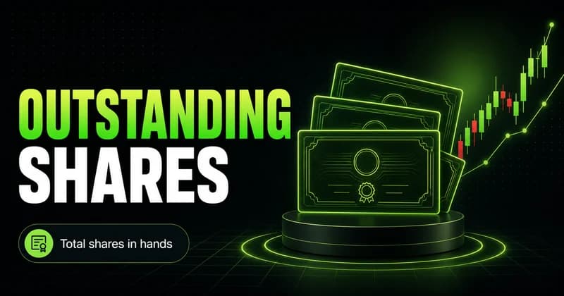 Neon stack of share certificates beside an OUTSTANDING SHARES headline