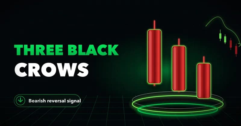 Three black crows pattern as three red descending candlesticks on a neon platform, labeled a bearish reversal signal