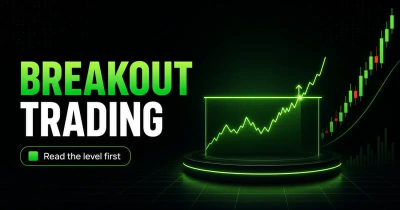 Breakout trading strategy for beginners cover with a glowing green price line breaking upward past a level