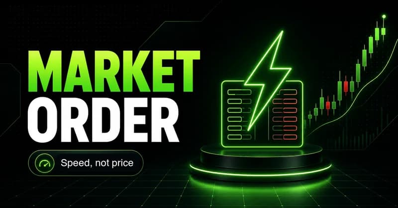 Neon lightning bolt striking an order book beside a MARKET ORDER headline