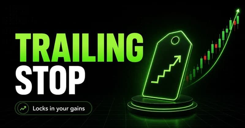 Neon "Trailing Stop" title beside a price-tag icon with an upward staircase arrow and a rising candlestick chart
