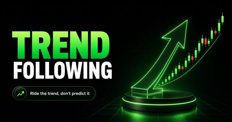 Trend following strategy cover with a glowing green upward arrow tracing rising candlesticks on a dark trading dashboard