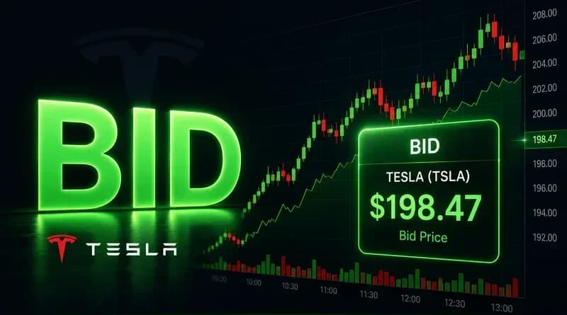 Tesla TSLA bid price trading chart with green candlesticks and BID price panel