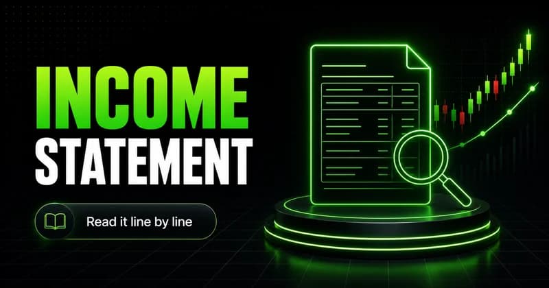 Neon income statement document with a magnifier beside an INCOME STATEMENT headline