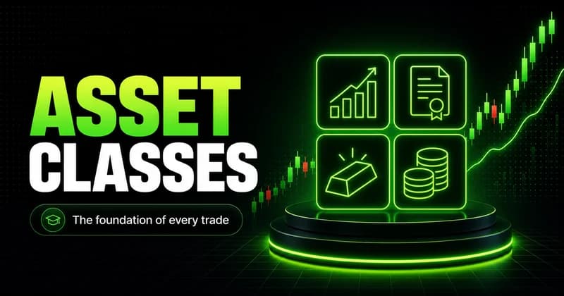 Neon grid of asset icons beside an ASSET CLASSES headline