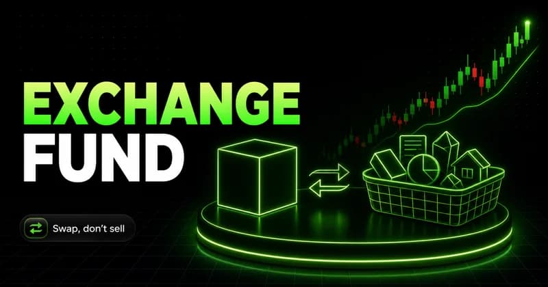 Neon single share swapping into a diversified basket beside an EXCHANGE FUND headline