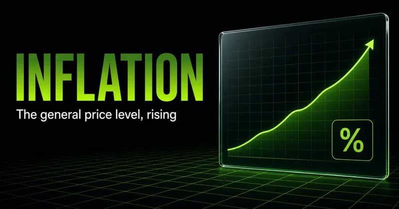 Neon headline "Inflation" beside a rising price-index curve with an up arrow and a percent chip, captioned "The general price level, rising."